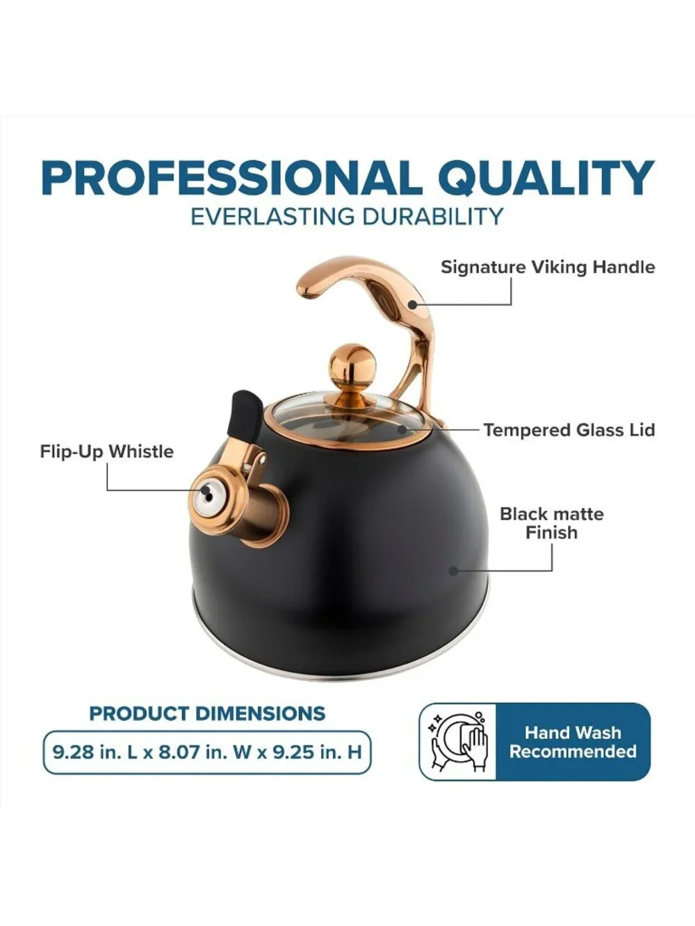Viking 2.6 Qt 3-Ply Stainless Steel Kitchen Tea Kettle Black Induction Stovetop